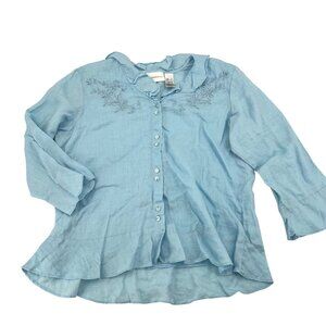 Liz Claiborne Womens Light Blue Linen Embroidered Blouse Size L 3/4 Sleeve Butto